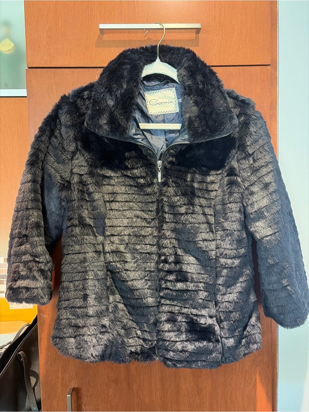 Carmin Faux Fur Zip-Front Jacket in Deep Dark Blue